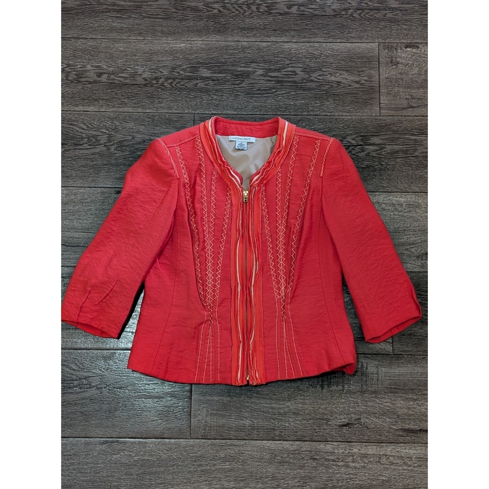 Luciano Dante Women Coral Red Embroidered Ruffle Zip Front Jacket Size Small
